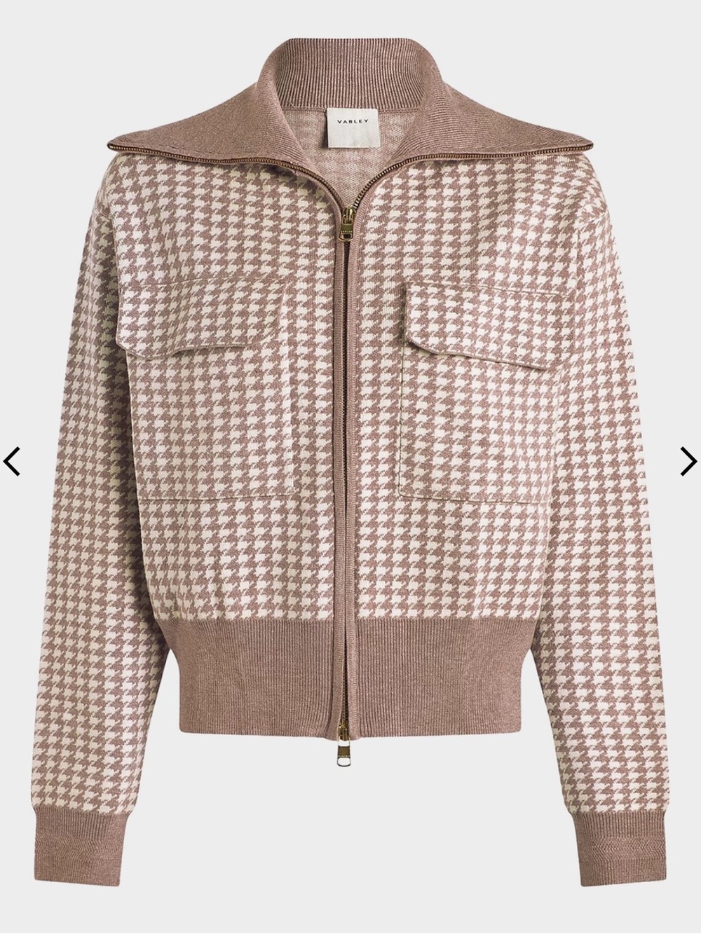 Varley Rose Taupe Houndstooth Zip Front Bomber Jacket